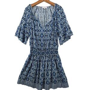 Michael Stars Dress Sz M Katelyn Blue Mosaic Print Blouson Flutter Slv Smocked